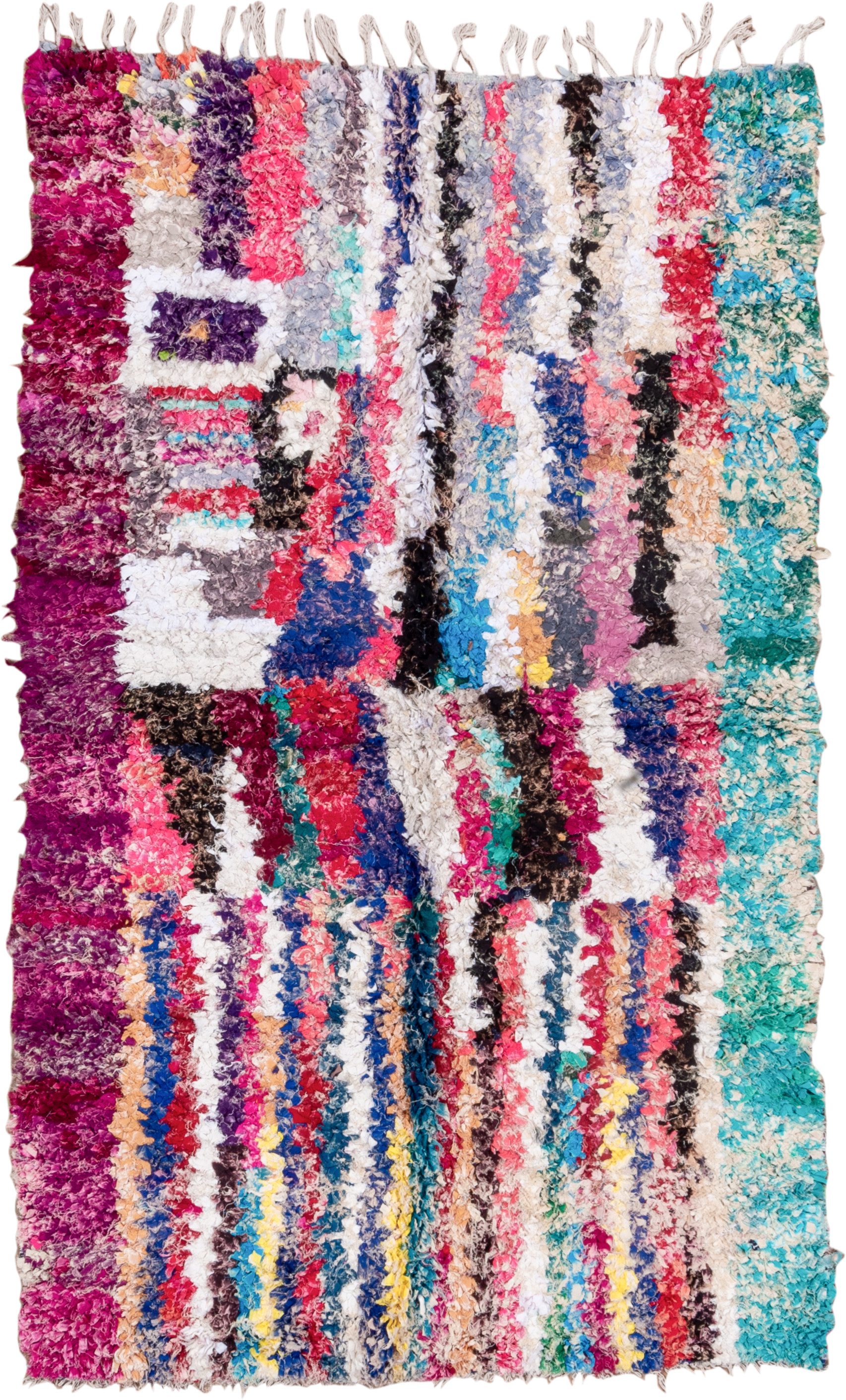 4' x 8' one-of-a-kind handmade vintage Rag Rug rug. Color palette: ivory, magenta, turquoise, cobalt, black, rose, lavender