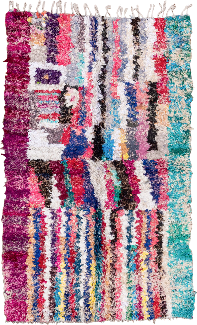 4' x 8' one-of-a-kind handmade vintage Rag Rug rug. Color palette: blue, brown, gray, green, light gray, off-white, pink
