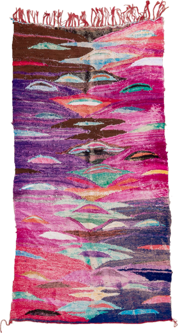 4' x 7' one-of-a-kind handmade vintage Rag Rug rug. Color palette: magenta, purple, pink, brown, turquoise, ivory, navy
