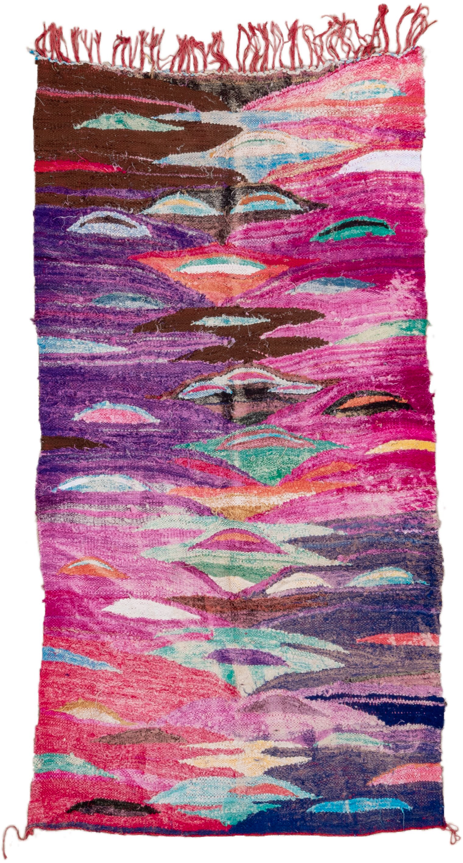 4' x 7' one-of-a-kind handmade vintage Rag Rug rug. Color palette: magenta, purple, pink, brown, turquoise, ivory, navy