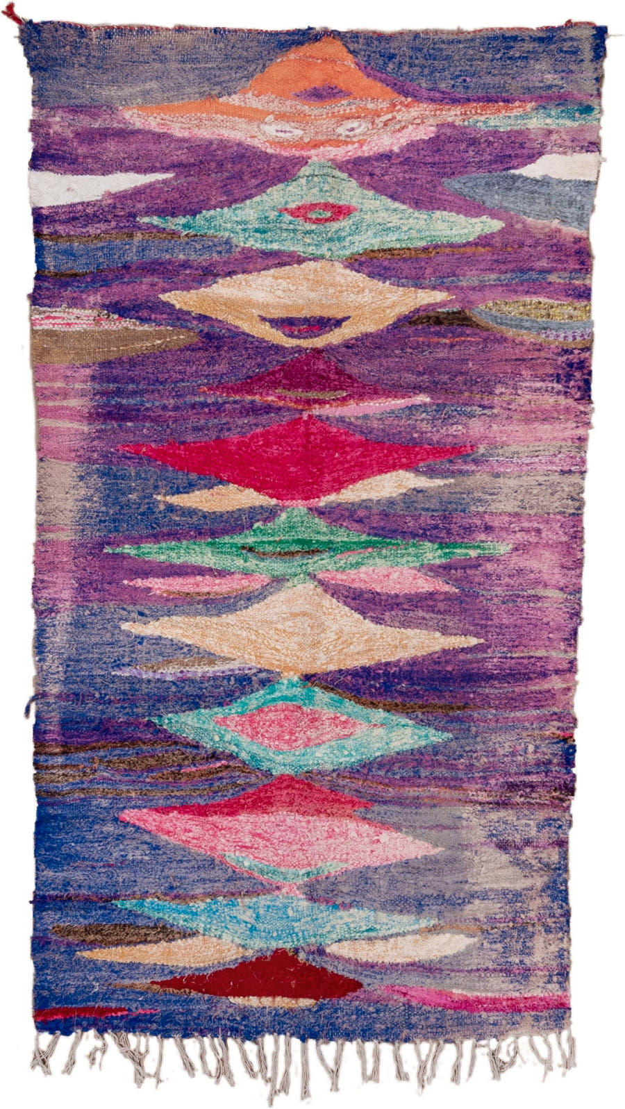 4' x 8' one-of-a-kind handmade vintage Flatweave rug. Color palette: violet, cobalt, magenta, aqua, blush, ivory, gray