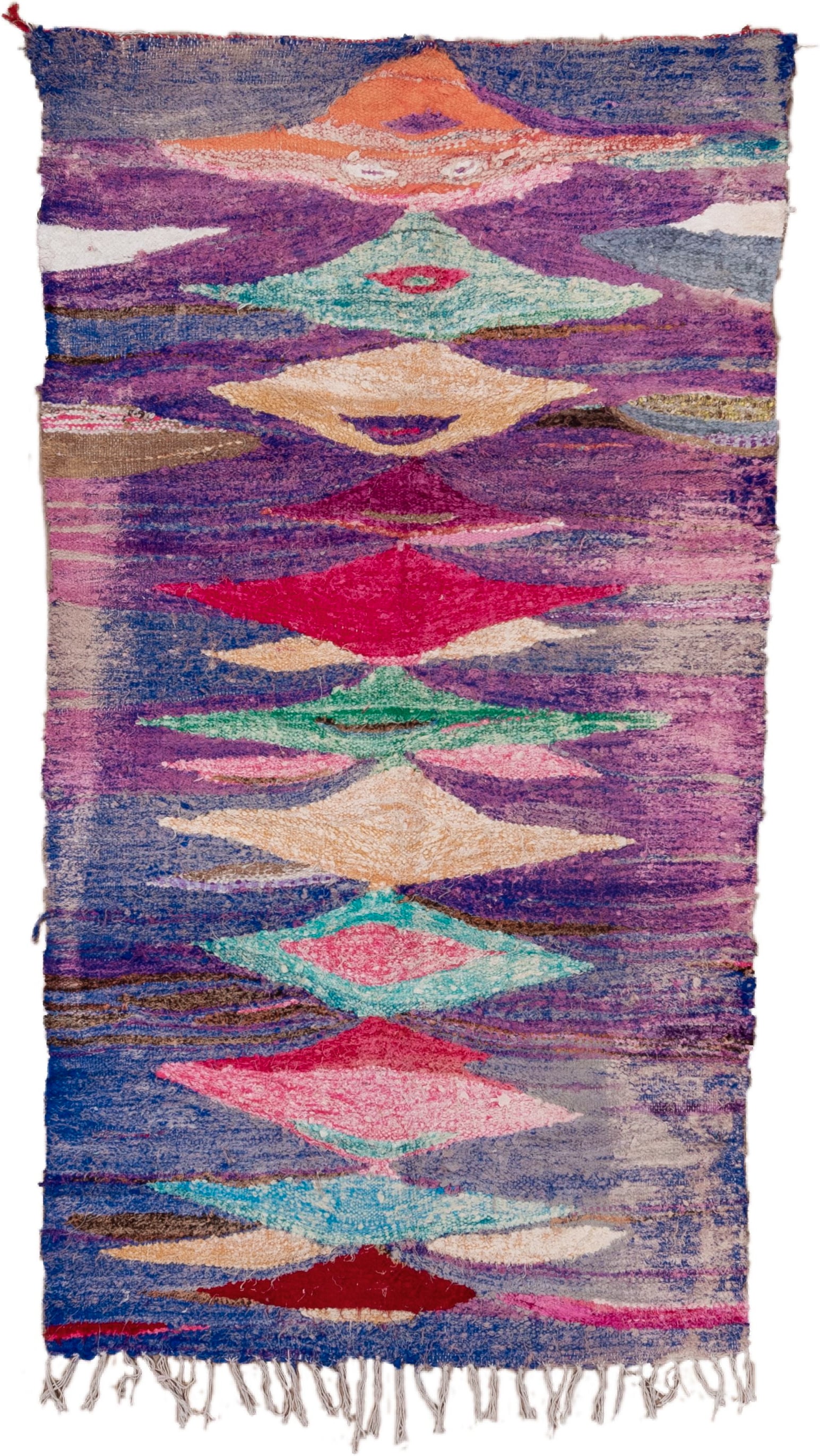 4' x 8' one-of-a-kind handmade vintage Flatweave rug. Color palette: violet, cobalt, magenta, aqua, blush, ivory, gray