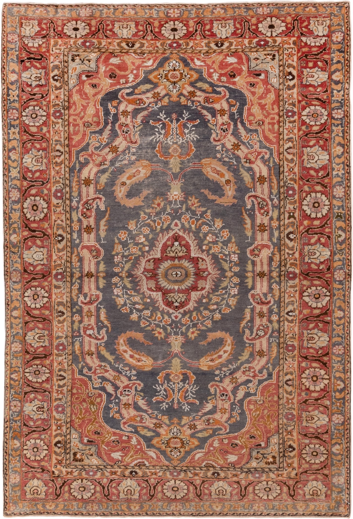 4' x 6' one-of-a-kind handmade antique Kaisary small size rug. Color palette: slate, coral, rust, ivory, gold, rose, camel