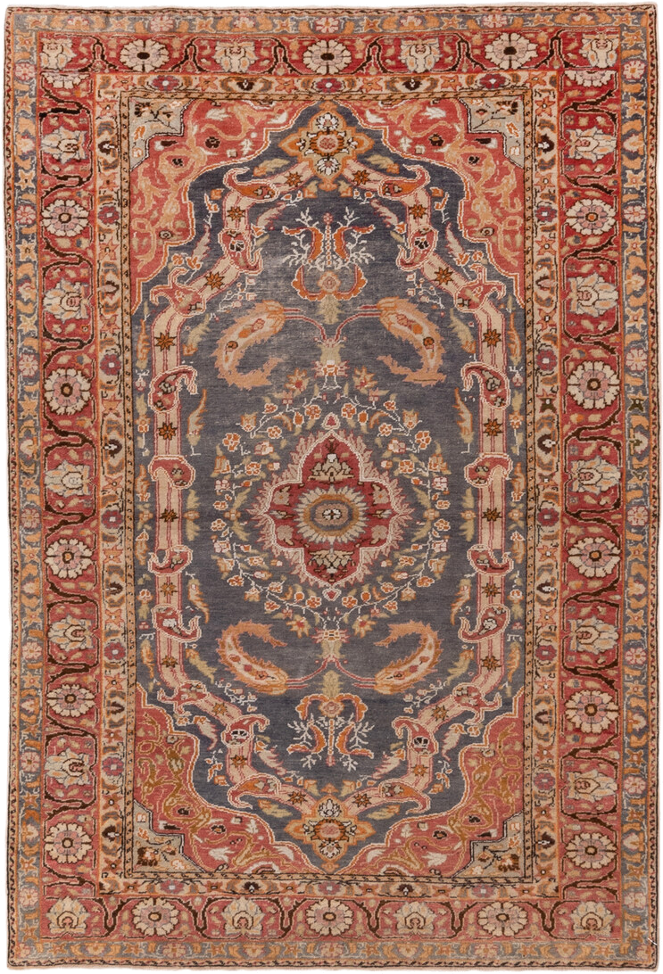4' x 6' one-of-a-kind handmade antique Kaisary small size rug. Color palette: slate, coral, rust, ivory, gold, rose, camel