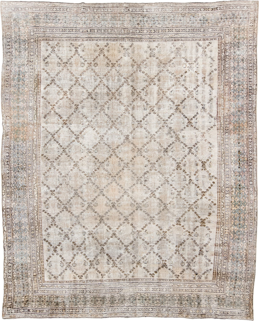 11' x 14' one-of-a-kind handmade vintage Sultanabad oversize rug. Color palette: ivory, taupe, pale blue, beige, brown, gray