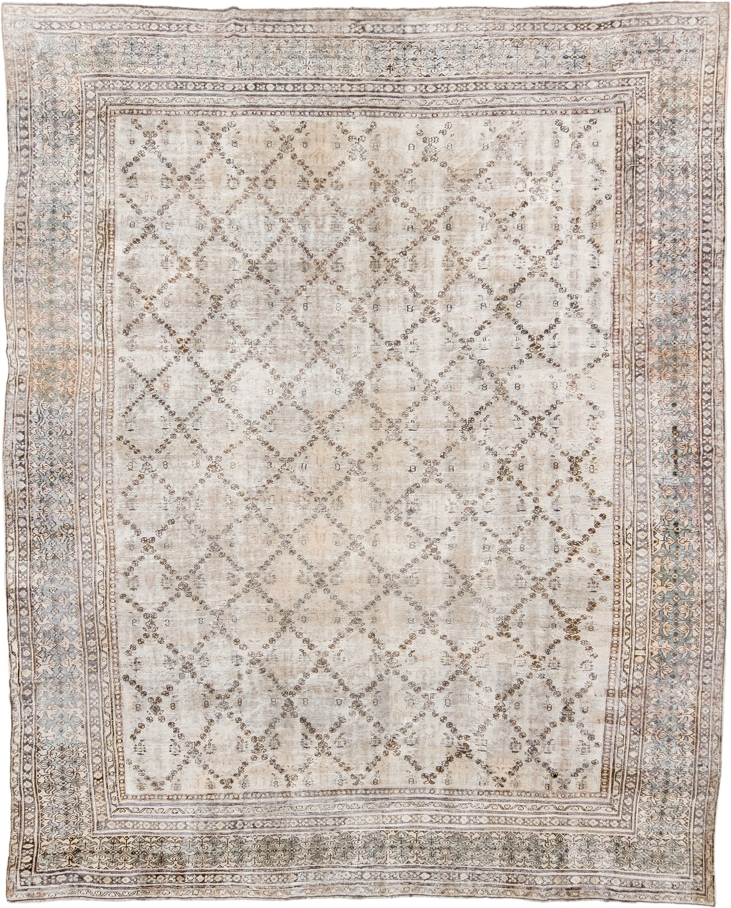11' x 14' one-of-a-kind handmade vintage Sultanabad oversize rug. Color palette: ivory, taupe, pale blue, beige, brown, gray