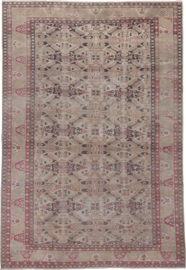 6' x 9' one-of-a-kind handmade antique Sivas medium size rug. Color palette: ivory, taupe, rose, charcoal, terra cotta