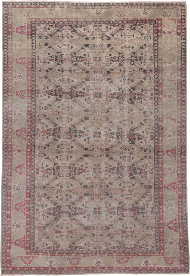 6' x 9' one-of-a-kind handmade antique Sivas medium size rug. Color palette: ivory, taupe, rose, charcoal, terra cotta