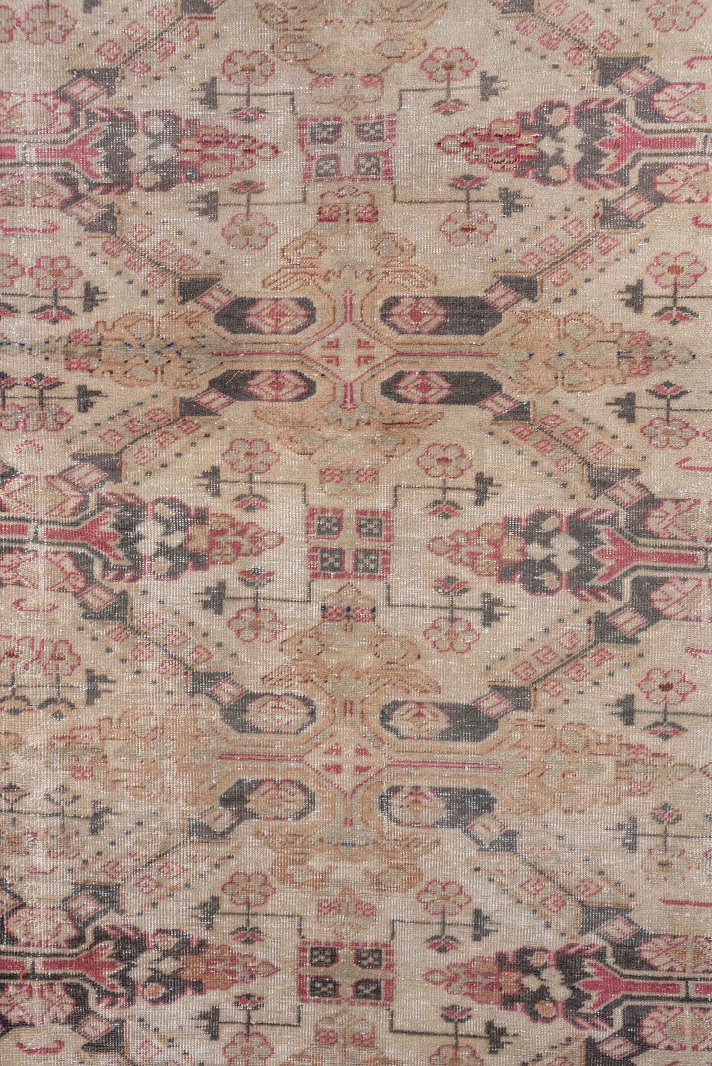 6' x 9' one-of-a-kind handmade antique Sivas medium size rug. Color palette: ivory, taupe, rose, charcoal, terra cotta