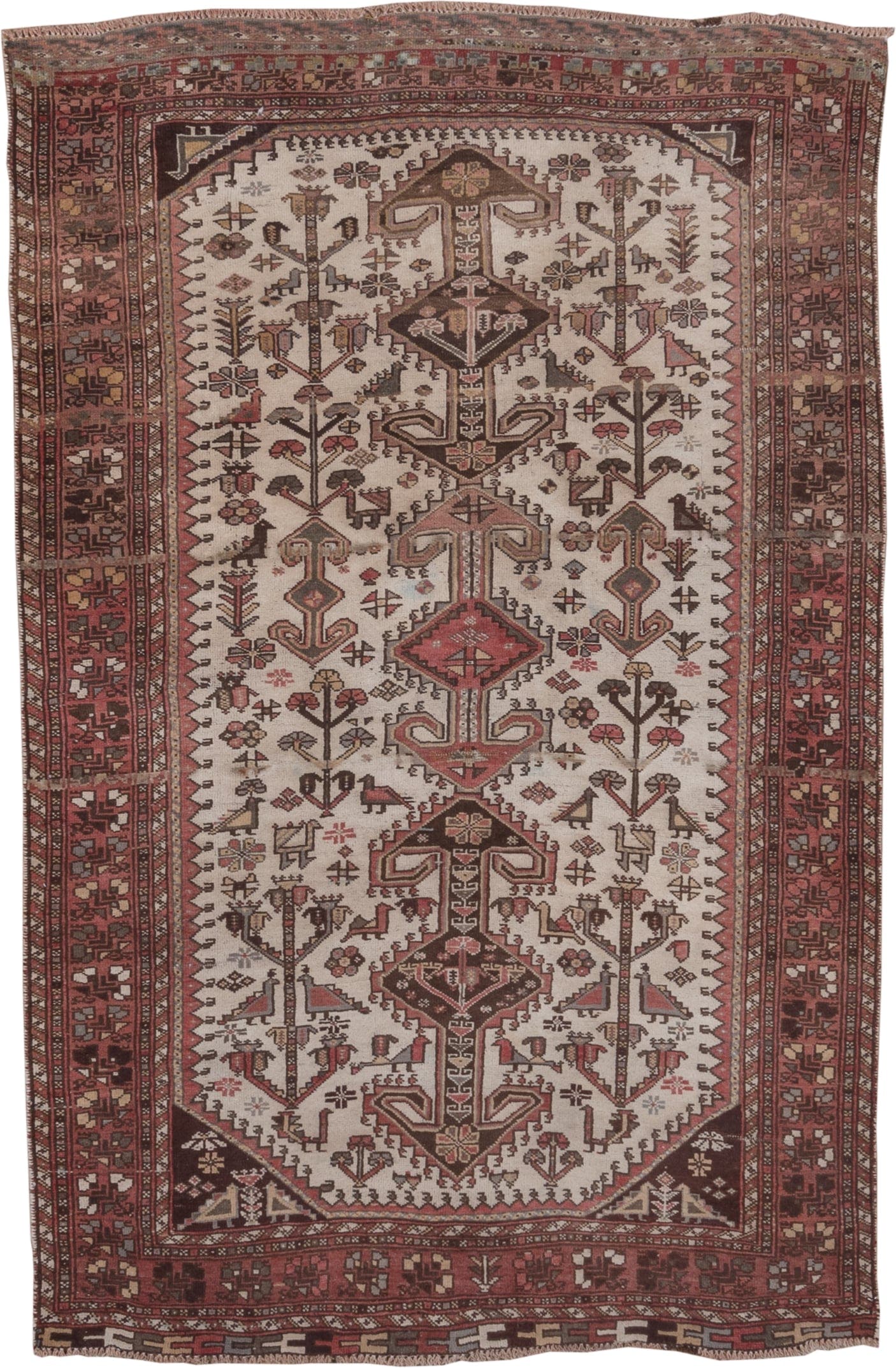 4' x 6' one-of-a-kind handmade antique Afshar small size rug. Color palette: ivory, rust, burgundy, brown, rose, taupe