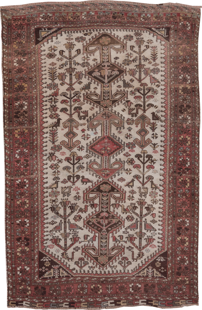 4' x 6' one-of-a-kind handmade vintage Afshar small size rug. Color palette: brown, gray, light gray, off-white, pink, red