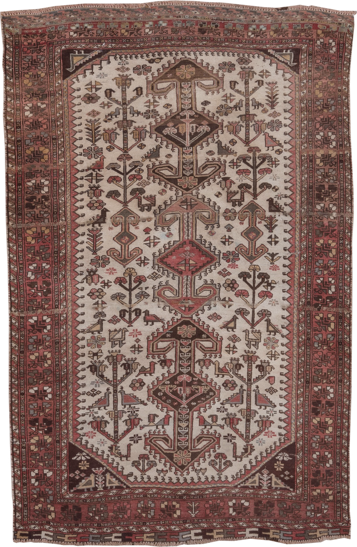 4' x 6' one-of-a-kind handmade antique Afshar small size rug. Color palette: ivory, rust, burgundy, brown, rose, taupe