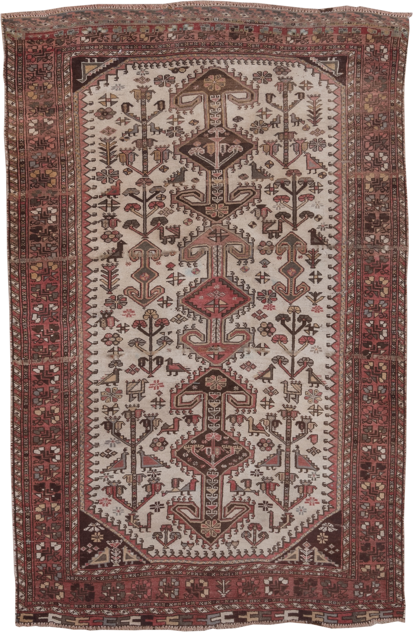 4' x 6' one-of-a-kind handmade antique Afshar small size rug. Color palette: ivory, rust, burgundy, brown, rose, taupe