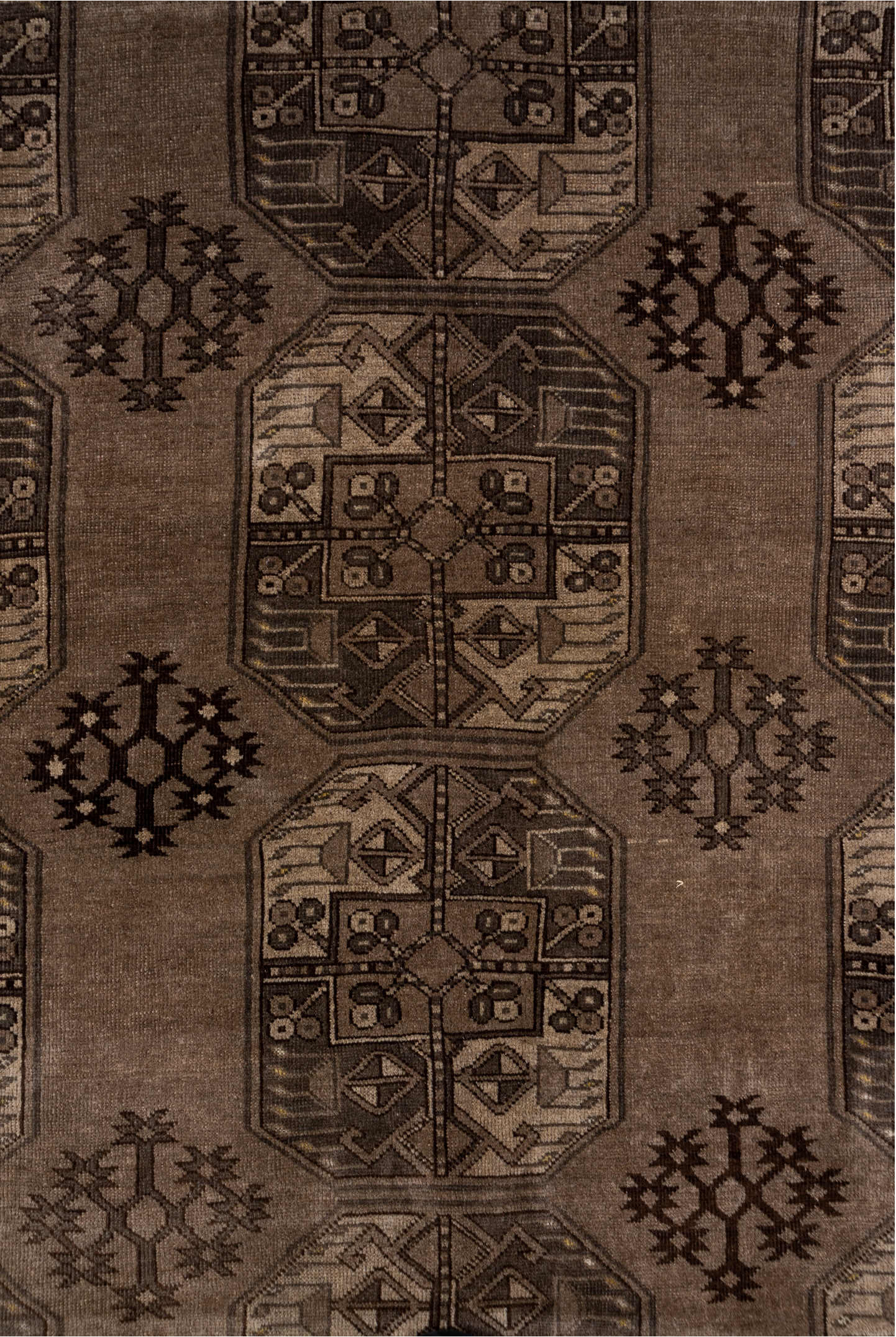 8' x 12' one-of-a-kind handmade vintage Afghan large size rug. Color palette: brown, gray, light gray, off-white, pink, snow