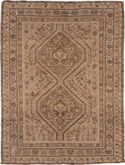 5' x 6' one-of-a-kind handmade antique Shiraz rug. Color palette: camel, taupe, brown, beige, ivory, gray