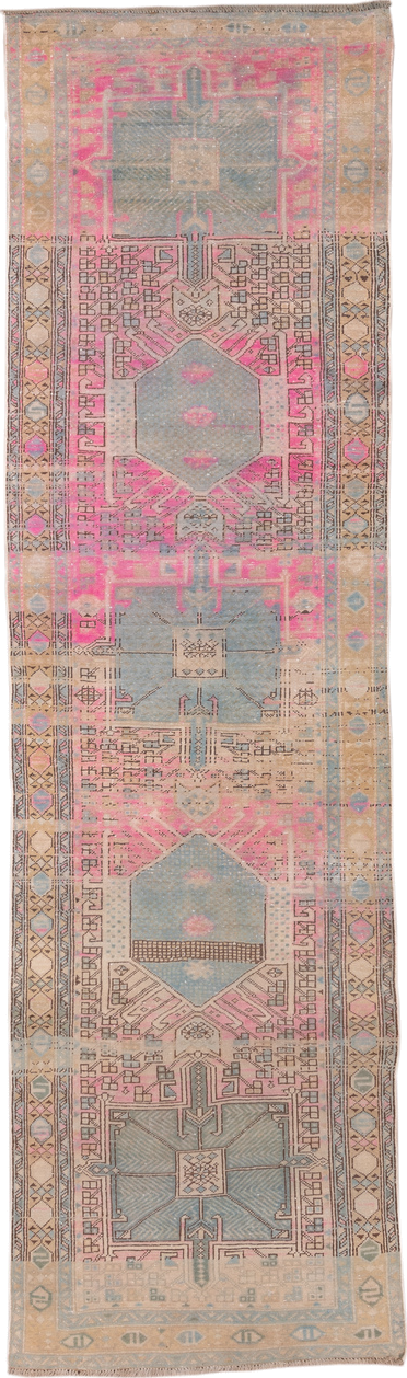 3' x 11' one-of-a-kind handmade antique Sarab runner rug. Color palette: ivory, sky blue, pink, camel, taupe, charcoal