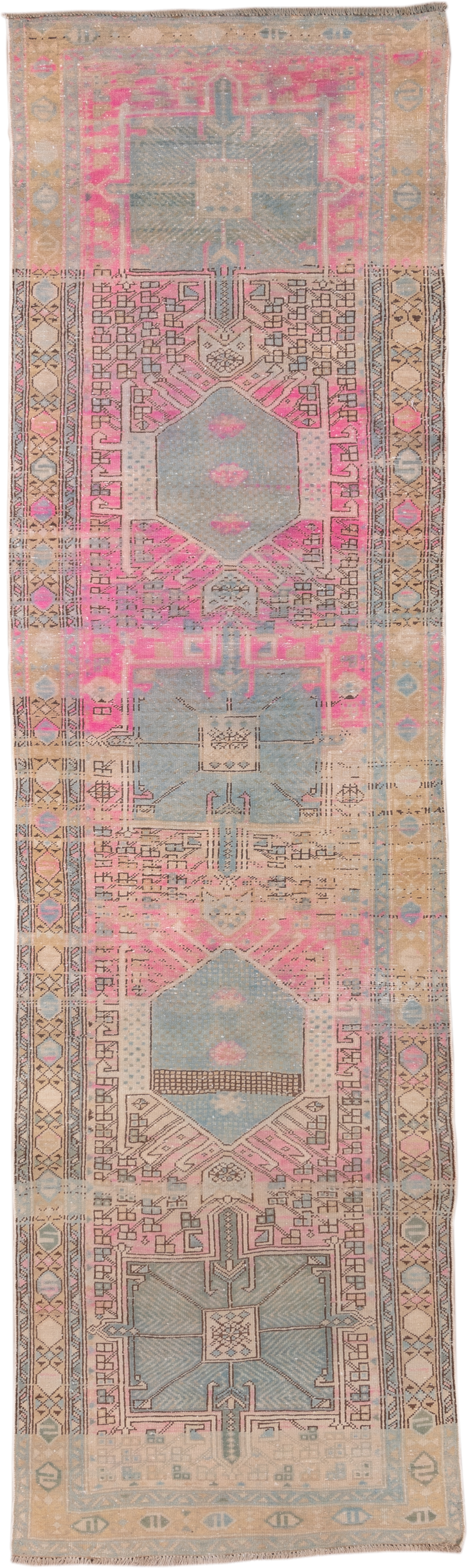 3' x 11' one-of-a-kind handmade antique Sarab runner rug. Color palette: ivory, sky blue, pink, camel, taupe, charcoal