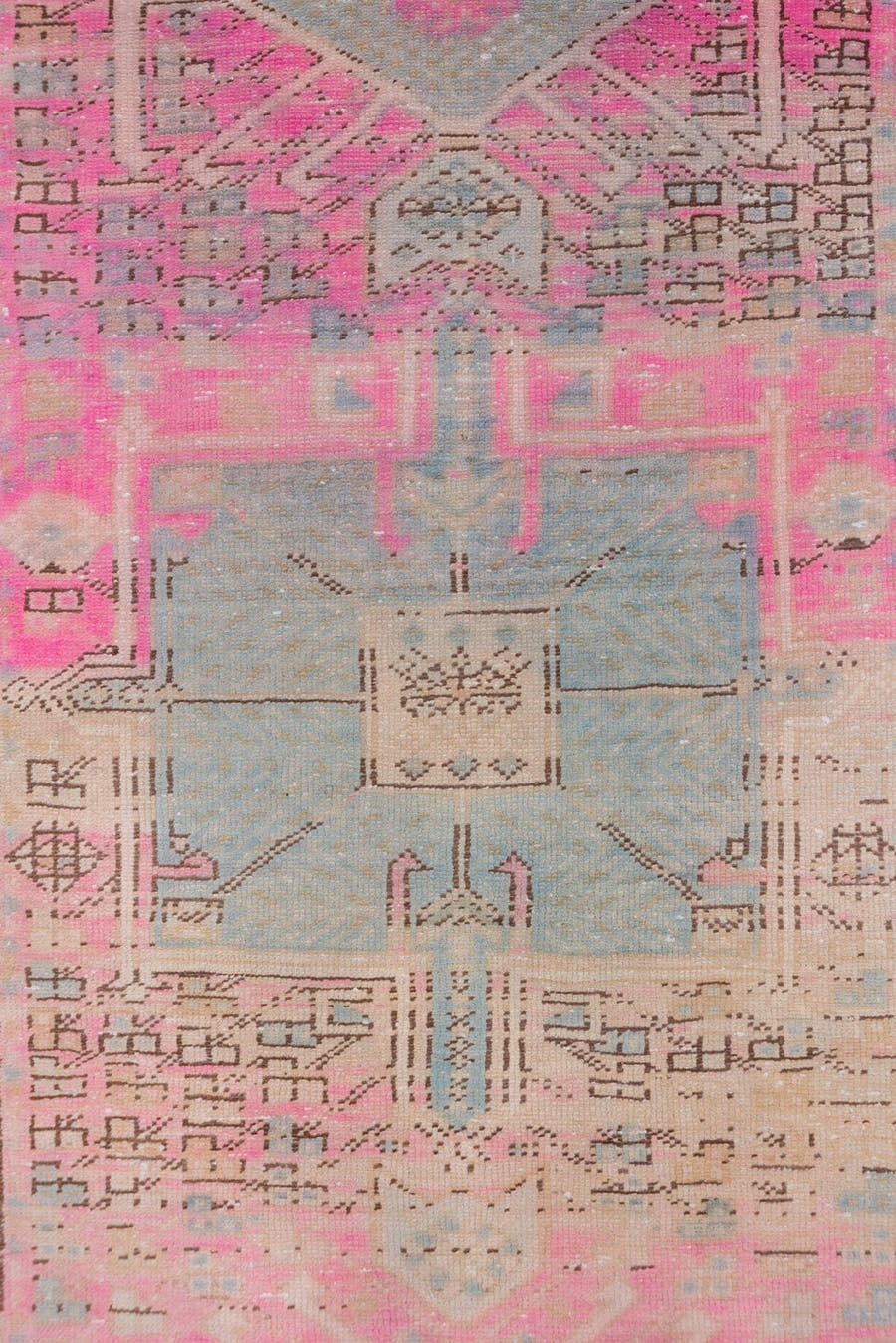 3' x 11' one-of-a-kind handmade antique Sarab runner rug. Color palette: ivory, sky blue, pink, camel, taupe, charcoal