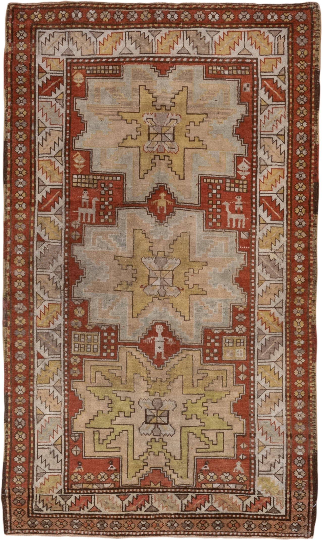 3' x 6' one-of-a-kind handmade antique Caucasian small size rug. Color palette: ivory, rust, taupe, gold, brown, camel