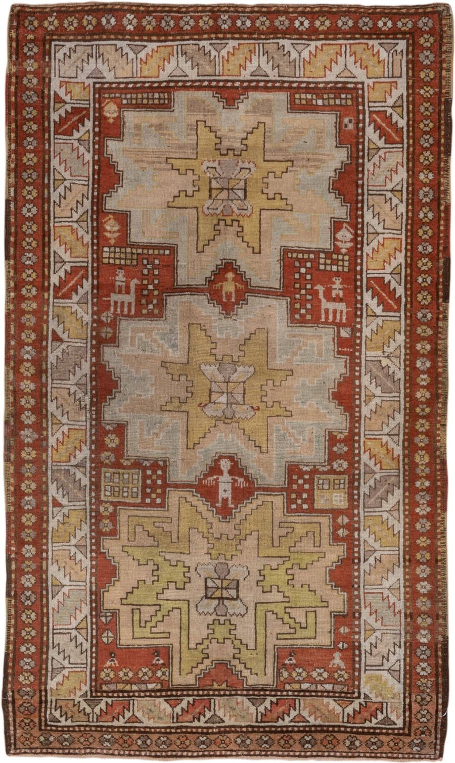 3' x 6' one-of-a-kind handmade antique Caucasian small size rug. Color palette: ivory, rust, taupe, gold, brown, camel