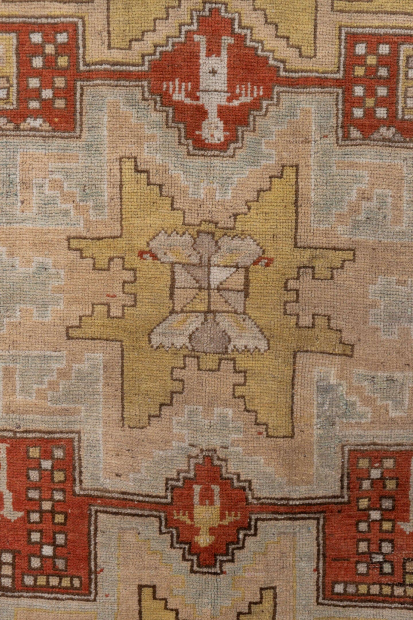 3' x 6' one-of-a-kind handmade antique Caucasian small size rug. Color palette: ivory, rust, taupe, gold, brown, camel