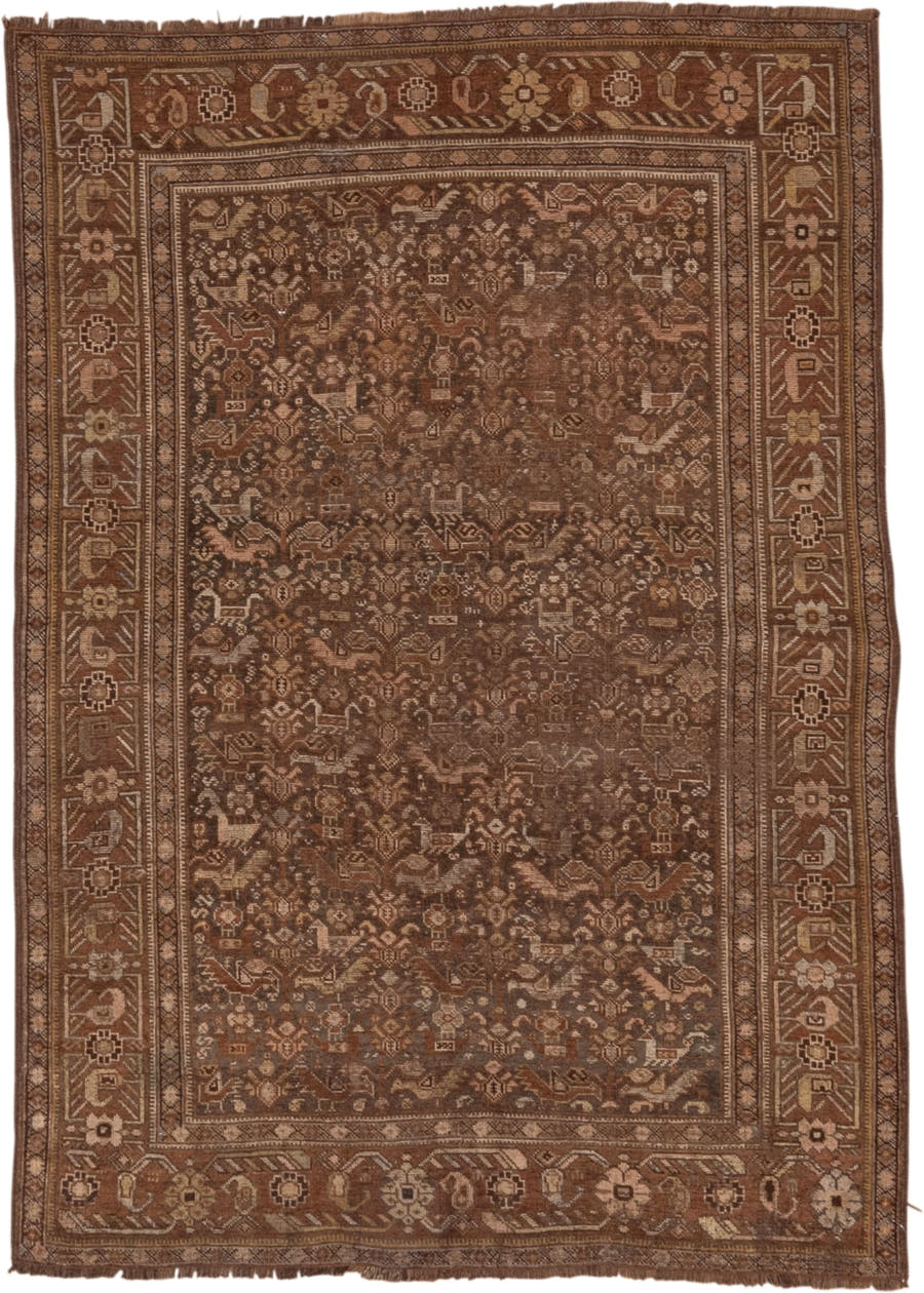 4' x 6' one-of-a-kind handmade vintage Shiraz small size rug. Color palette: brown, camel, ivory, taupe, rust, charcoal
