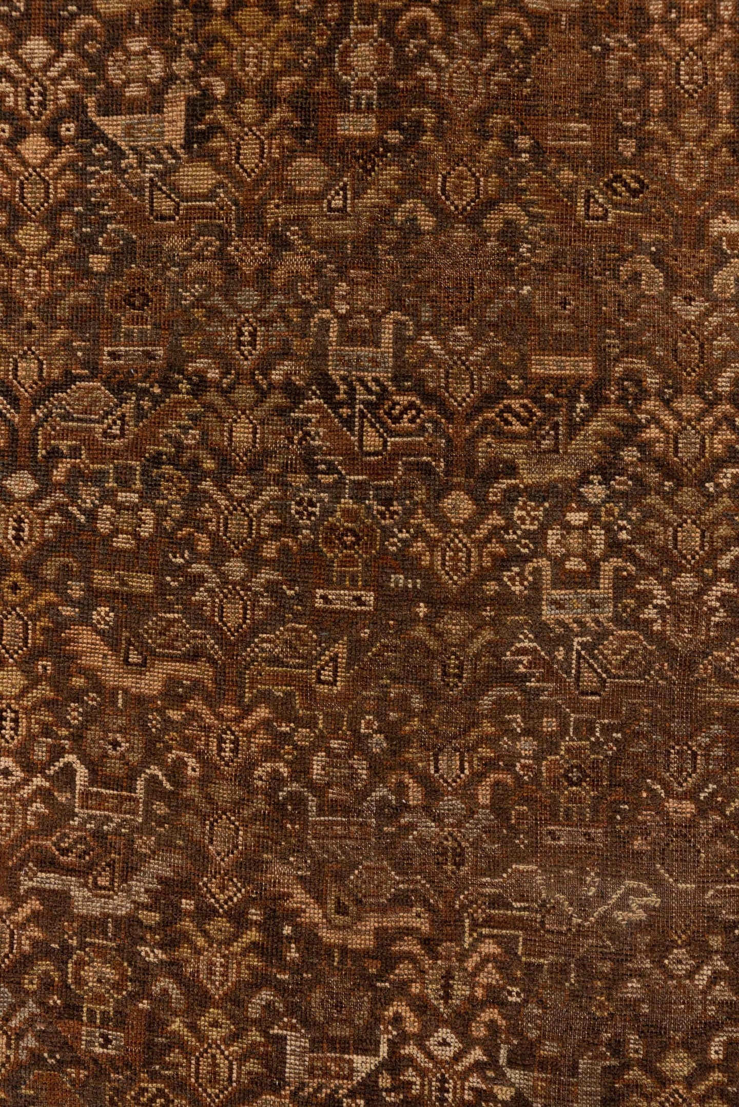 4' x 6' one-of-a-kind handmade vintage Shiraz small size rug. Color palette: brown, camel, ivory, taupe, rust, charcoal