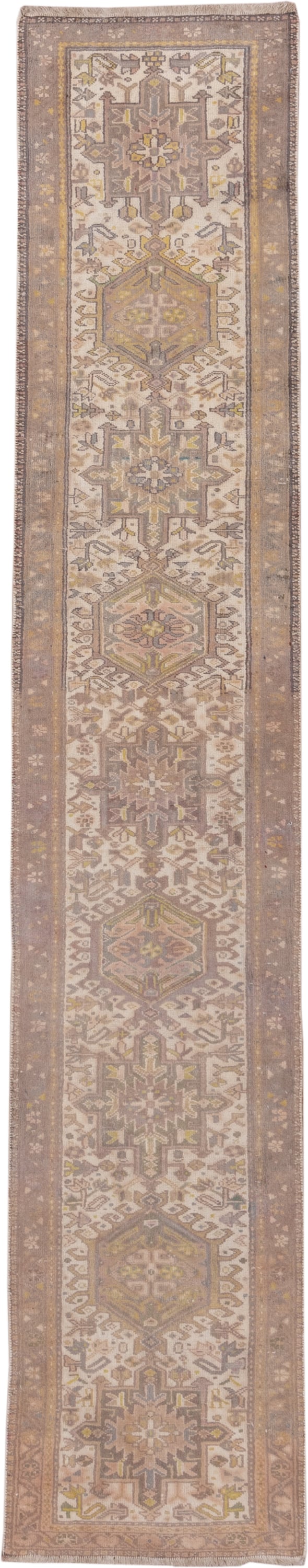 2' x 10' one-of-a-kind handmade antique Karaje runner rug. Color palette: taupe, ivory, camel, gold, sage, brown, beige
