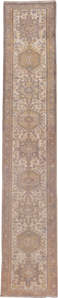 2' x 10' one-of-a-kind handmade antique Karaje runner rug. Color palette: taupe, ivory, camel, gold, sage, brown, beige