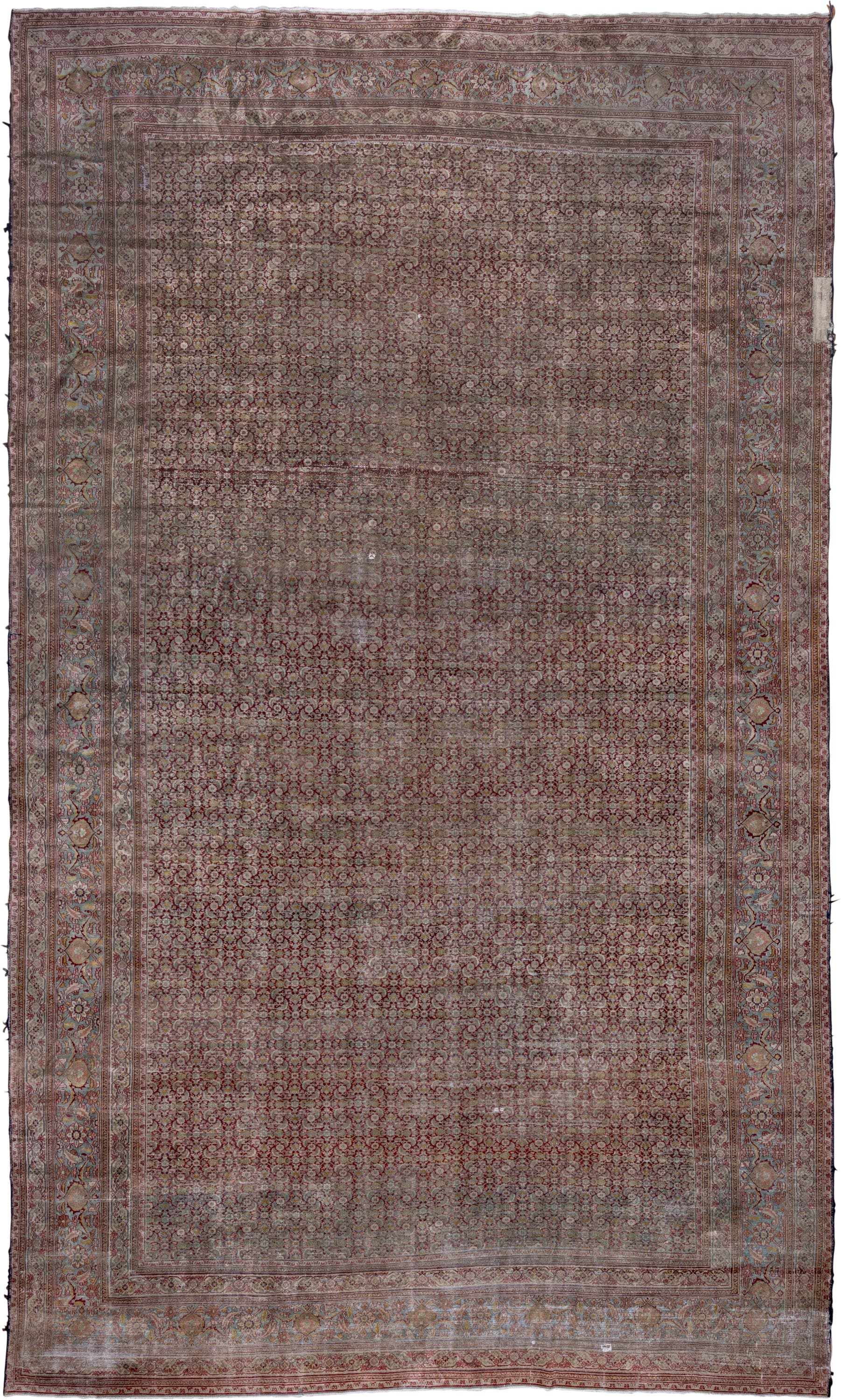 13' x 22' one-of-a-kind handmade antique Khorassan oversize rug. Color palette: rose, terracotta, ivory, blue gray, taupe
