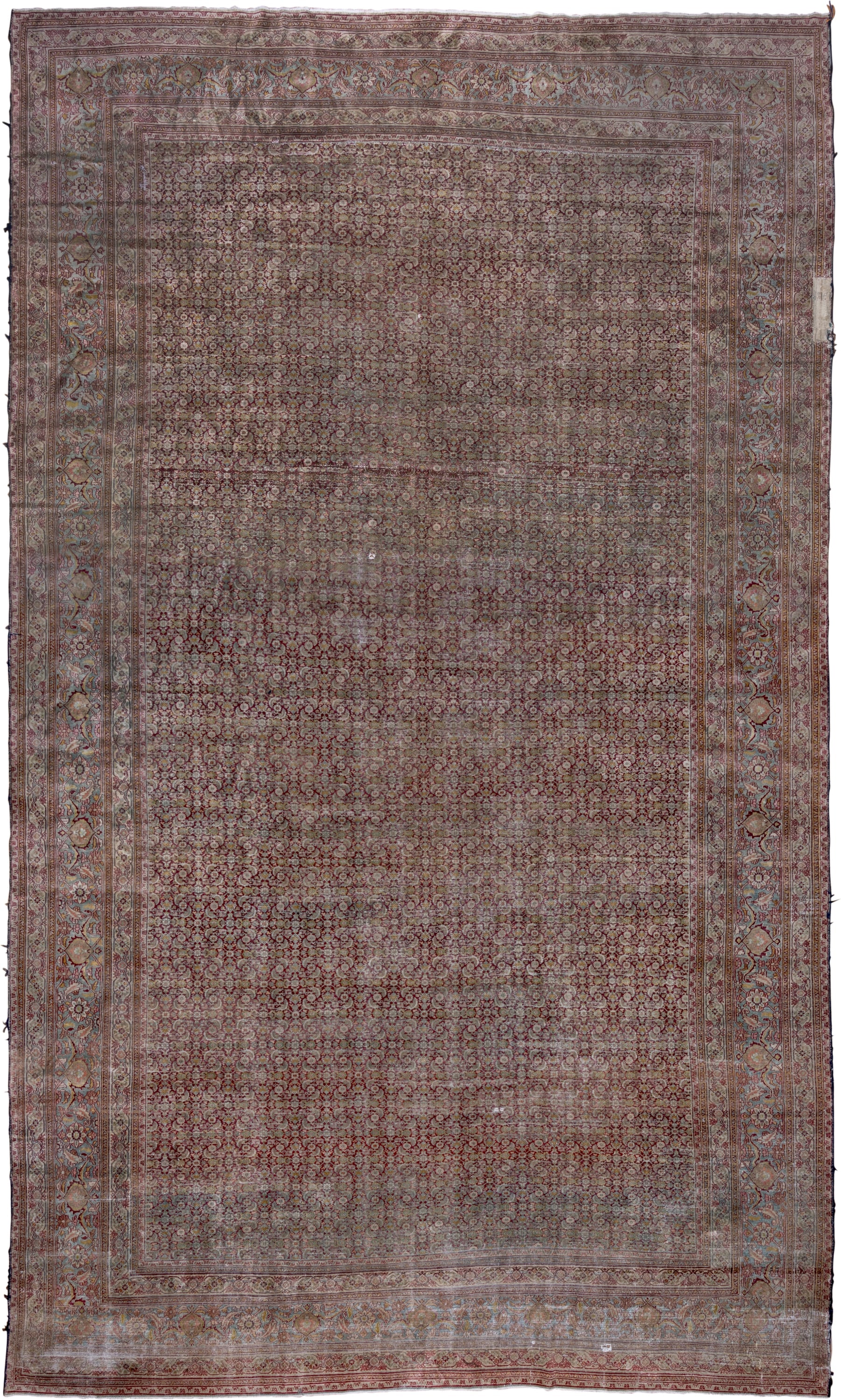 13' x 22' one-of-a-kind handmade antique Khorassan oversize rug. Color palette: rose, terracotta, ivory, blue gray, taupe