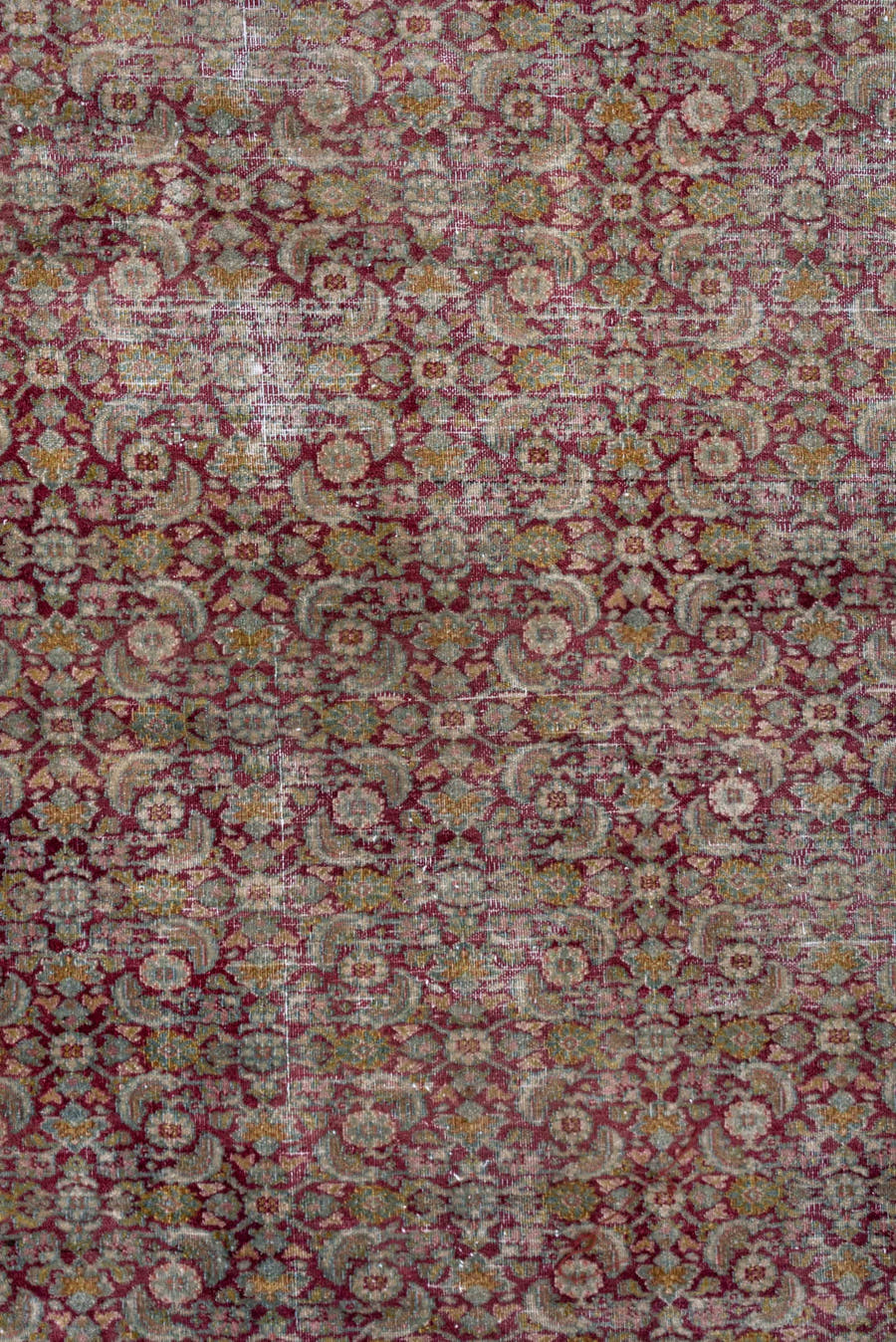 13' x 22' one-of-a-kind handmade antique Khorassan oversize rug. Color palette: rose, terracotta, ivory, blue gray, taupe