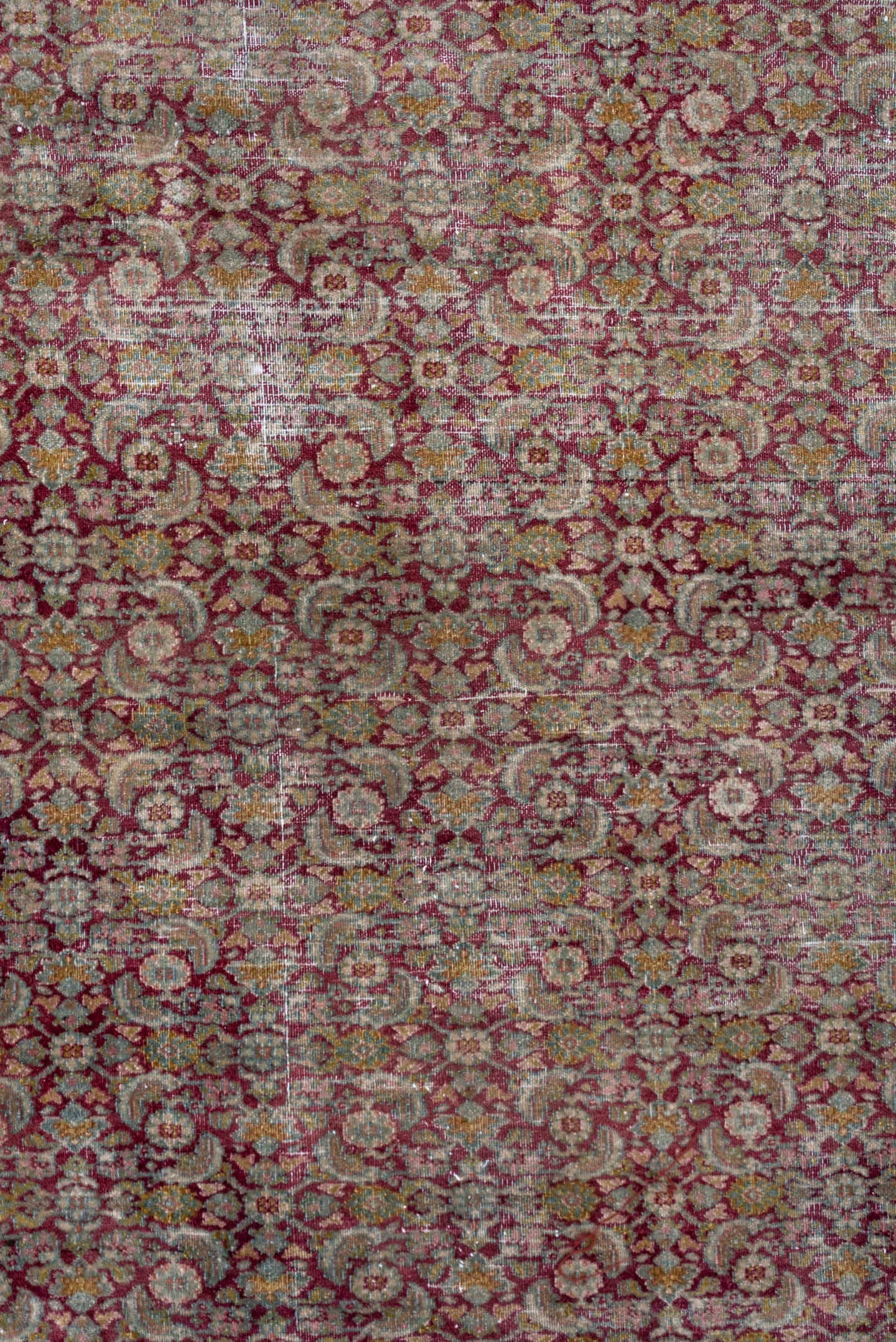 13' x 22' one-of-a-kind handmade antique Khorassan oversize rug. Color palette: rose, terracotta, ivory, blue gray, taupe