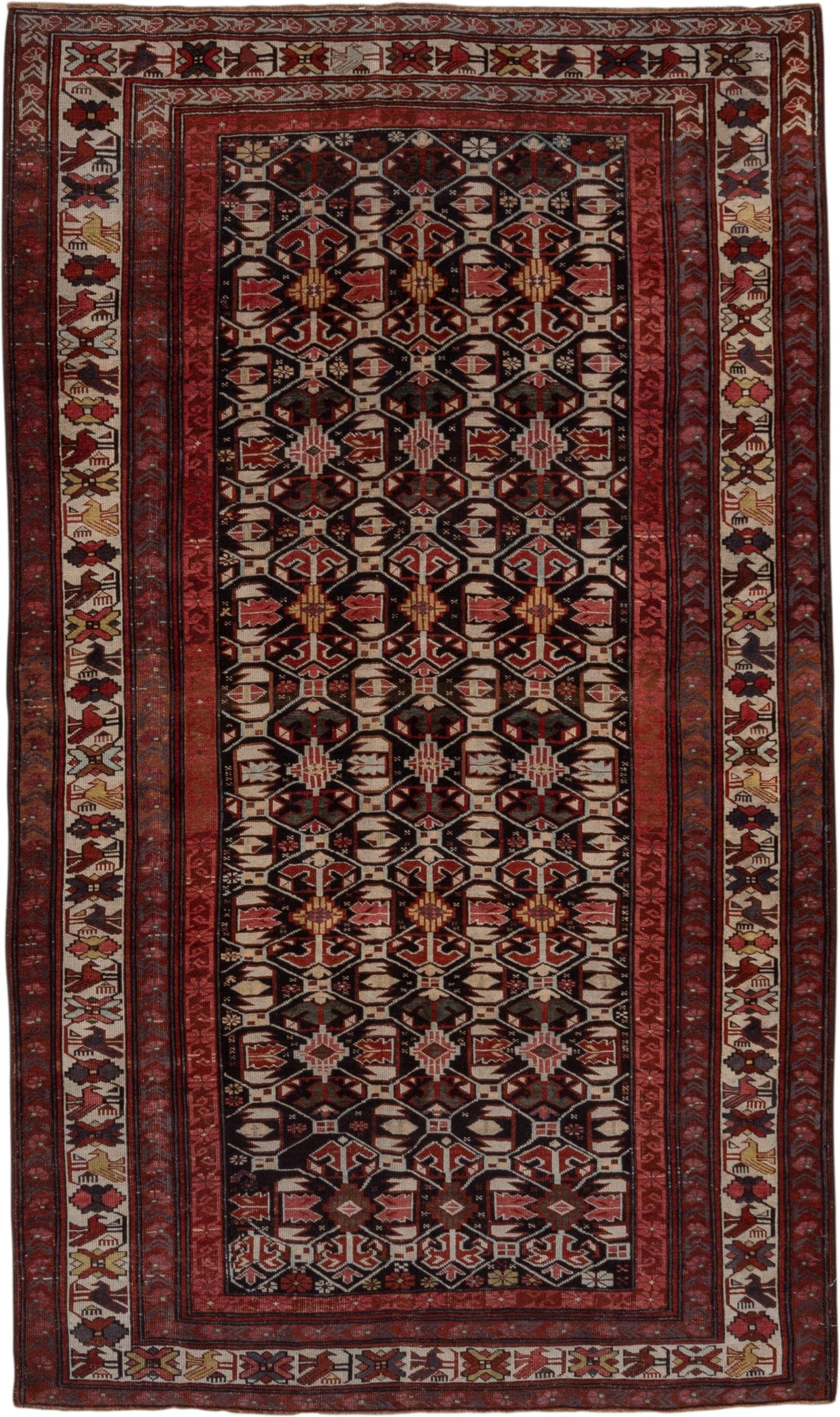 4' x 7' one-of-a-kind handmade antique Kuba rug. Color palette: burgundy, ivory, charcoal, rust, crimson, gold, taupe, gray