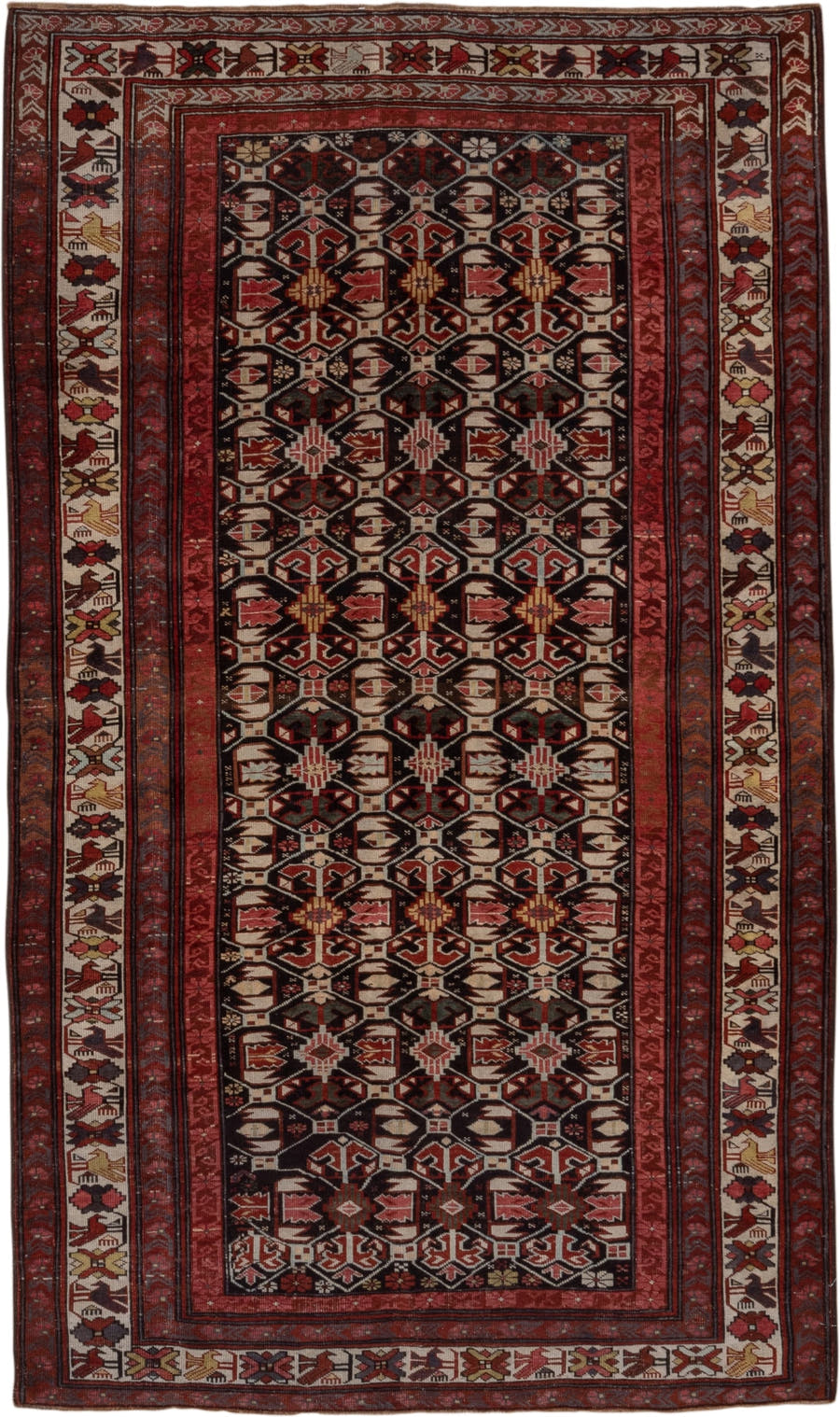 4' x 7' one-of-a-kind handmade antique Kuba rug. Color palette: burgundy, ivory, charcoal, rust, crimson, gold, taupe, gray