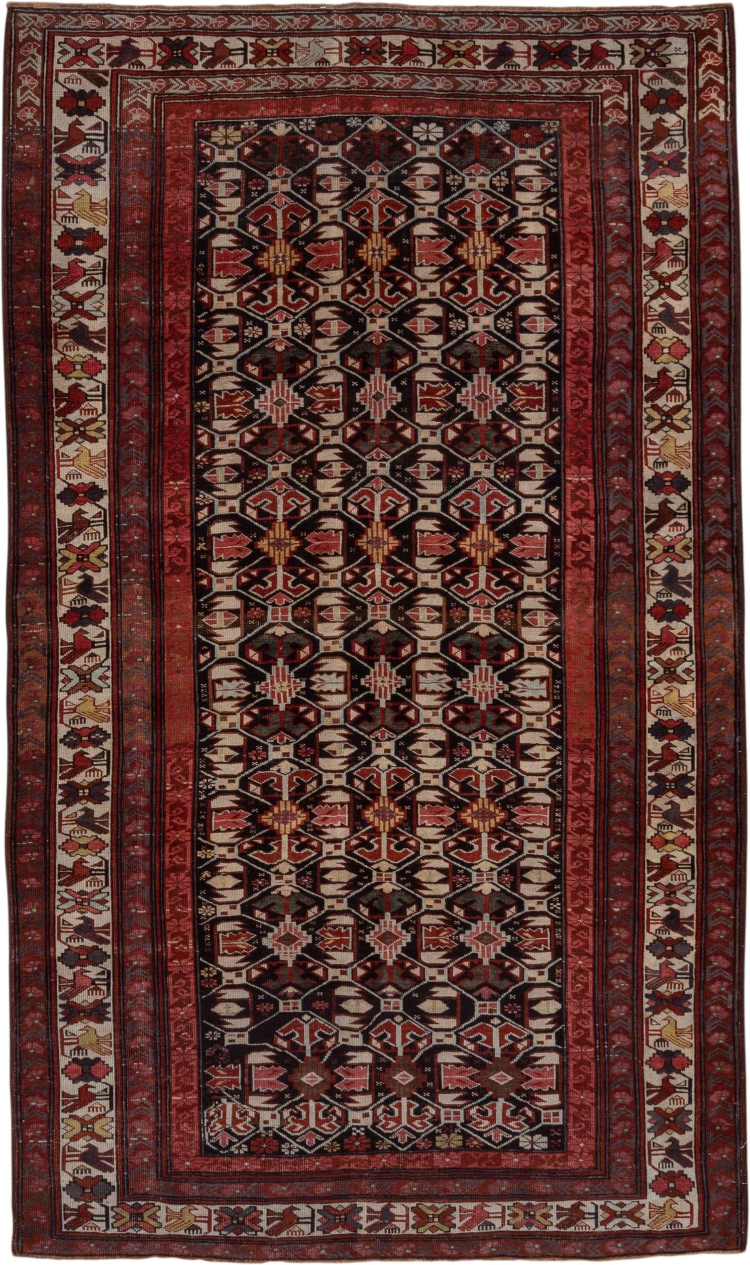 4' x 7' one-of-a-kind handmade antique Kuba rug. Color palette: burgundy, ivory, charcoal, rust, crimson, gold, taupe, gray