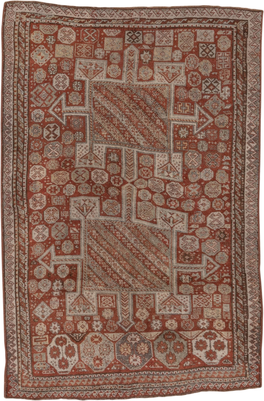 4' x 7' one-of-a-kind handmade antique Kurd rug. Color palette: rust, ivory, terra cotta, brown, taupe, charcoal, terracotta