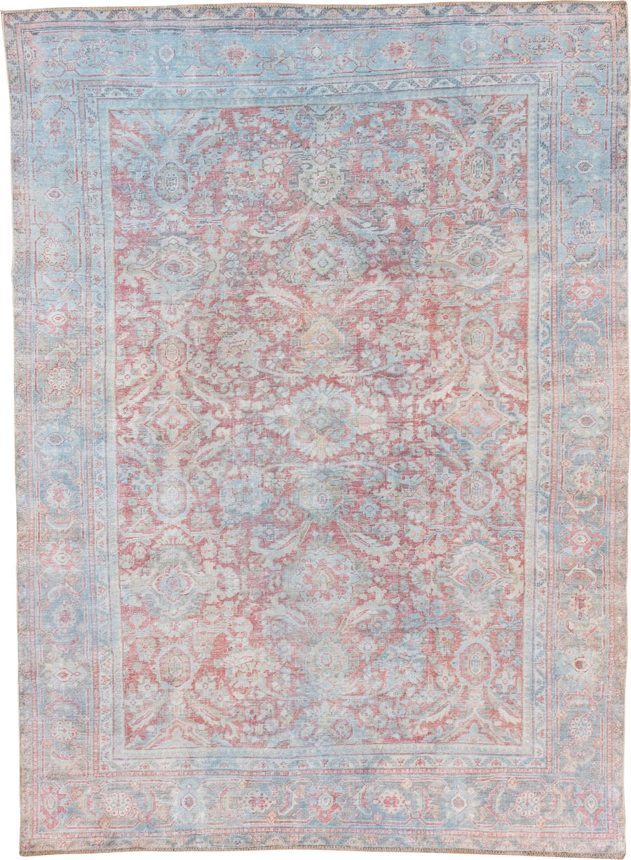 7' x 10' one-of-a-kind handmade antique Mahal large size rug. Color palette: sky blue, rose, ivory, taupe, blush, pale aqua