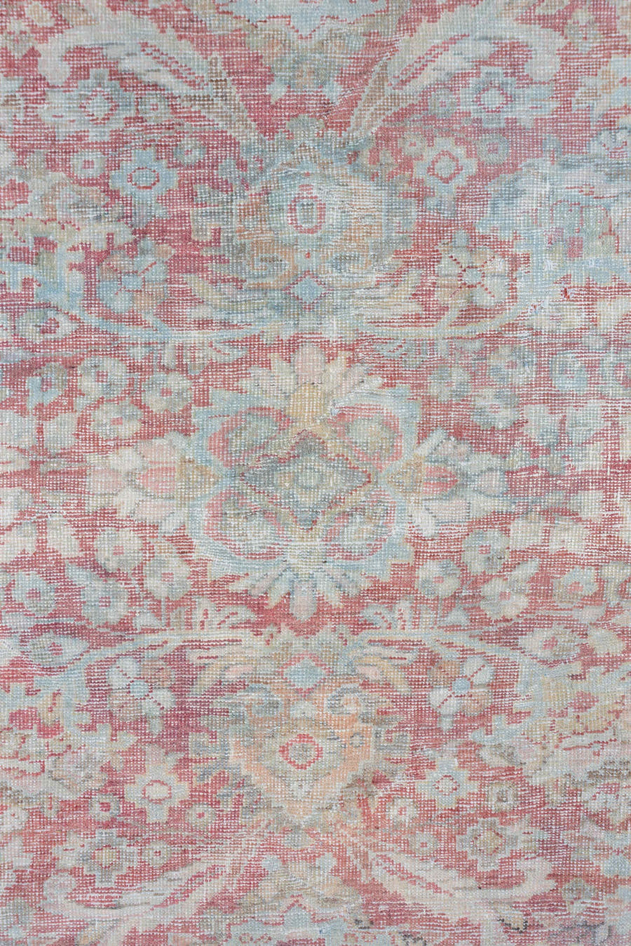 7' x 10' one-of-a-kind handmade antique Mahal large size rug. Color palette: sky blue, rose, ivory, taupe, blush, pale aqua