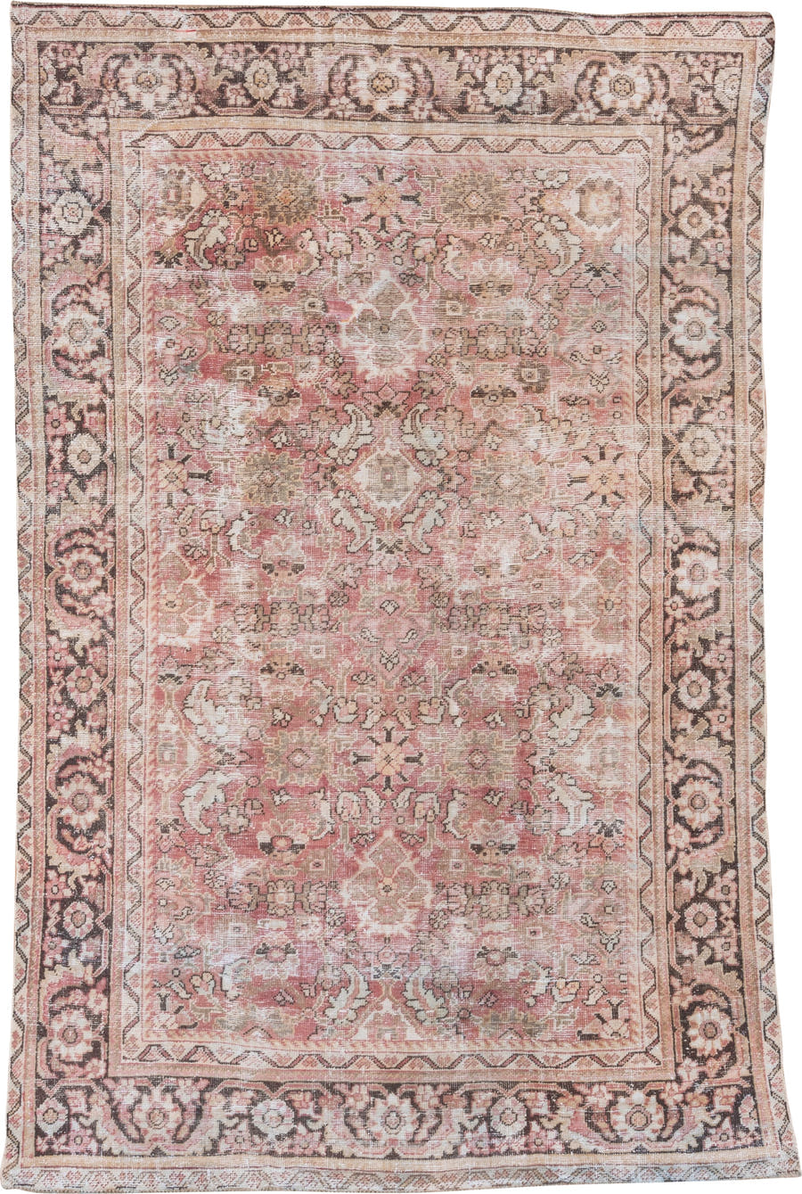 6' x 10' one-of-a-kind handmade antique Mahal large size rug. Color palette: rose, ivory, brown, taupe, blush, charcoal