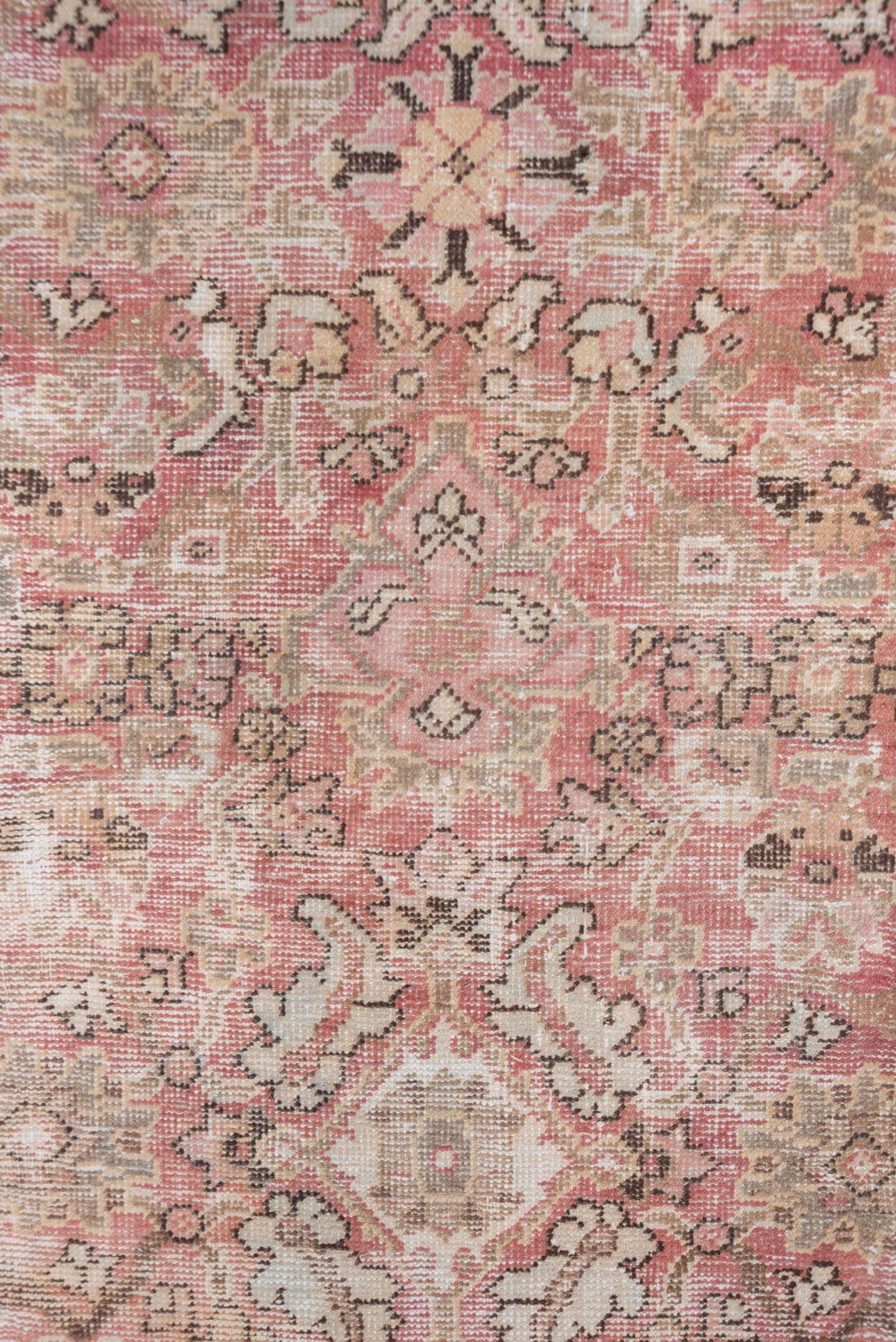 6' x 10' one-of-a-kind handmade antique Mahal large size rug. Color palette: rose, ivory, brown, taupe, blush, charcoal