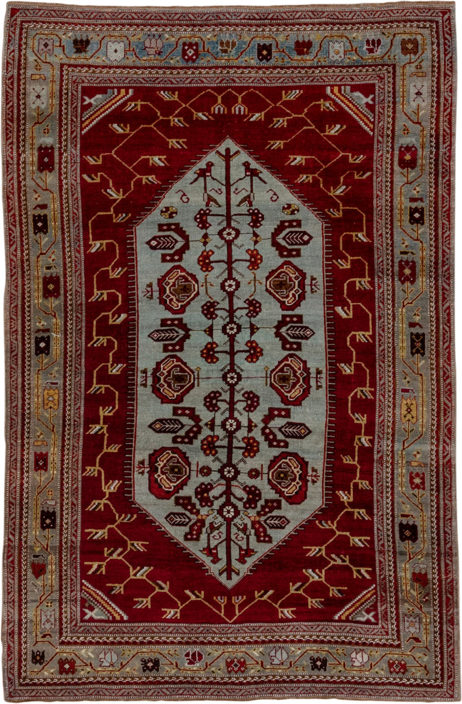 5' x 7' one-of-a-kind handmade antique Oushak rug. Color palette: red, ivory, burgundy, camel, gold, brown, beige