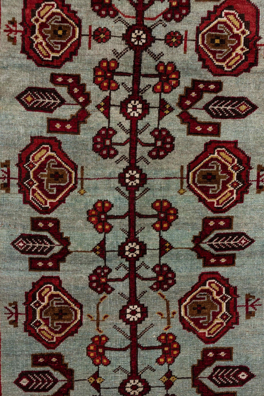 5' x 7' one-of-a-kind handmade antique Oushak rug. Color palette: red, ivory, burgundy, camel, gold, brown, beige