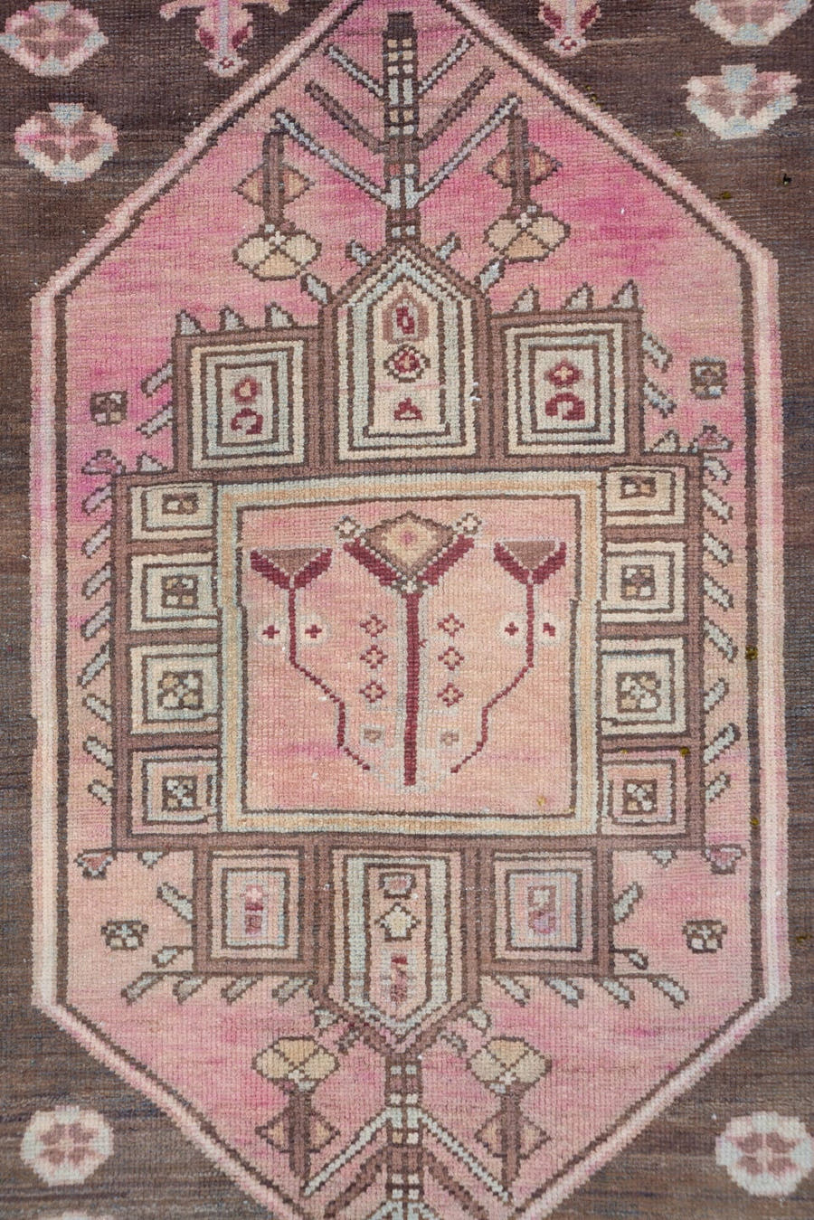 4' x 7' one-of-a-kind handmade antique Malayer rug. Color palette: rose, brown, ivory, dusty pink, taupe, burgundy, charcoal