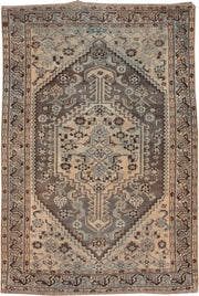 4' x 6' one-of-a-kind handmade antique Shiraz small size rug. Color palette: ivory, taupe, brown, pale blue, camel, charcoal