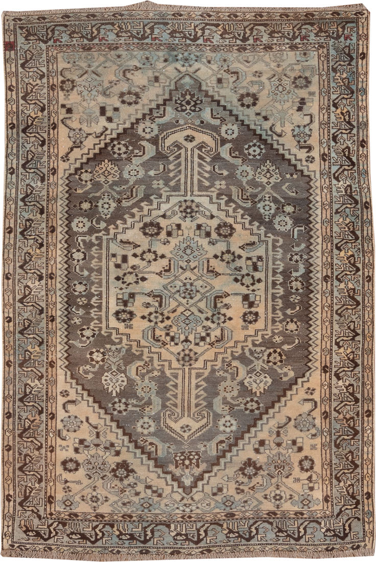 4' x 6' one-of-a-kind handmade antique Shiraz small size rug. Color palette: ivory, taupe, brown, pale blue, camel, charcoal