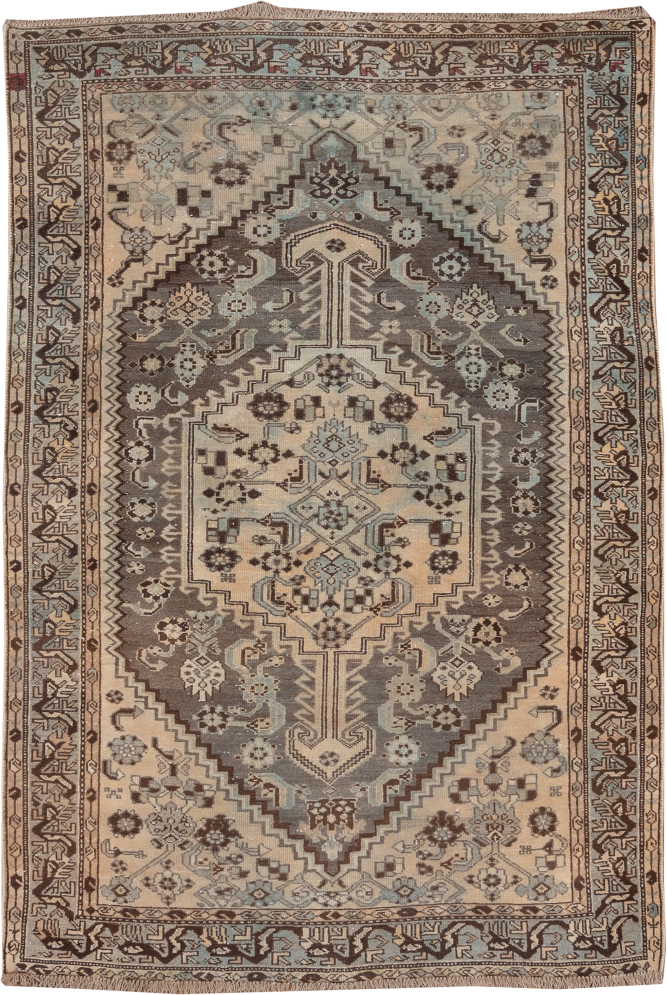 4' x 6' one-of-a-kind handmade antique Shiraz small size rug. Color palette: ivory, taupe, brown, pale blue, camel, charcoal