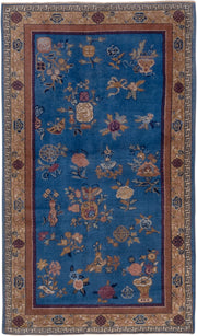 3' x 5' one-of-a-kind handmade antique Indochinese small size rug. Color palette: blue, camel, ivory, burgundy, gold, rose
