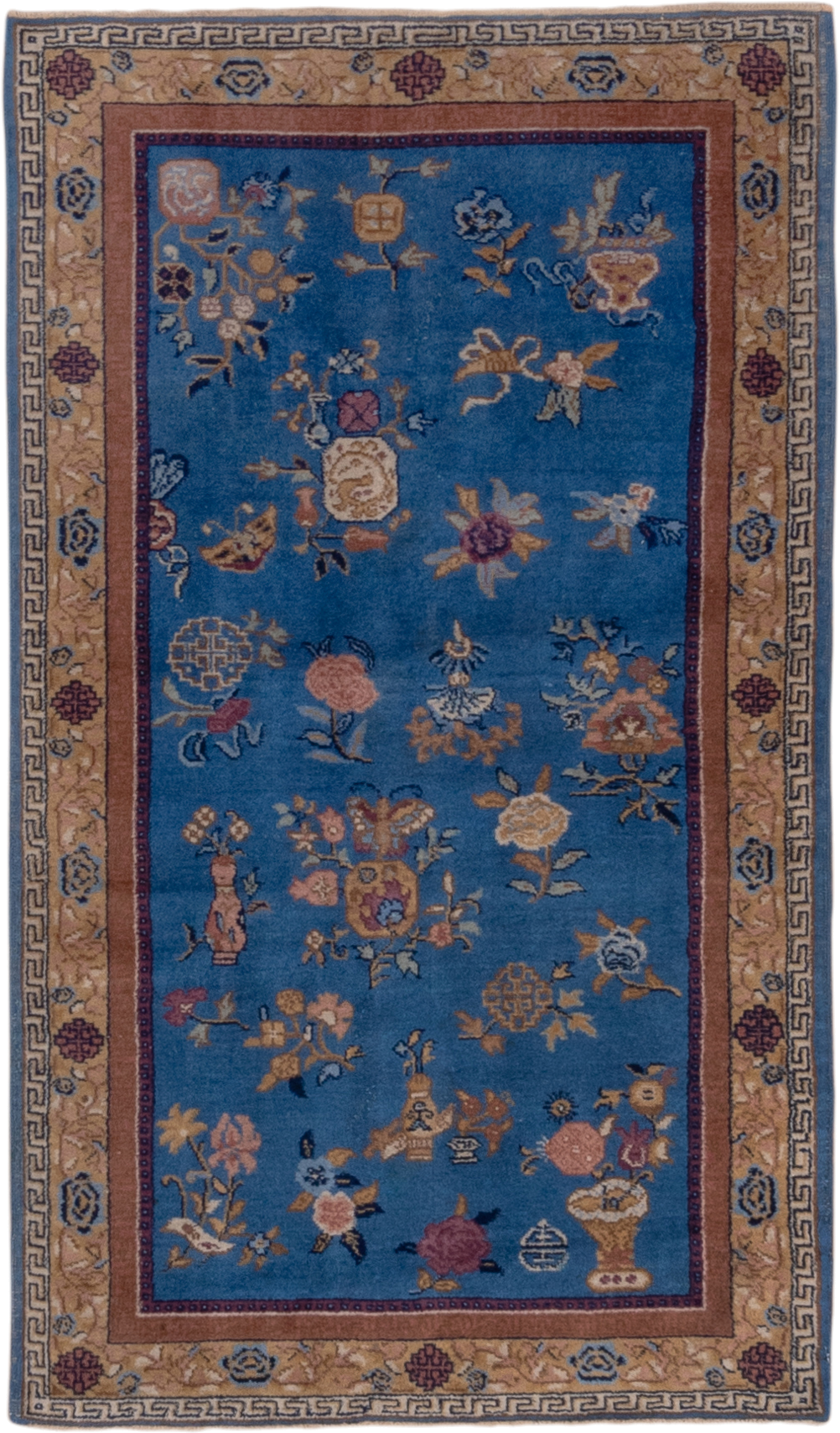 3' x 5' one-of-a-kind handmade antique Indochinese small size rug. Color palette: blue, camel, ivory, burgundy, gold, rose