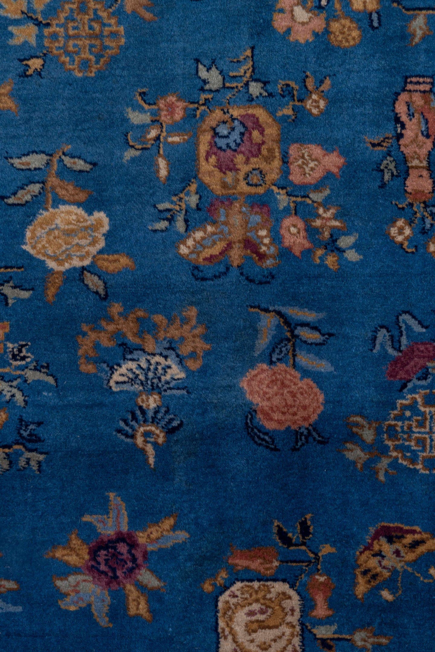 3' x 5' one-of-a-kind handmade antique Indochinese small size rug. Color palette: blue, camel, ivory, burgundy, gold, rose